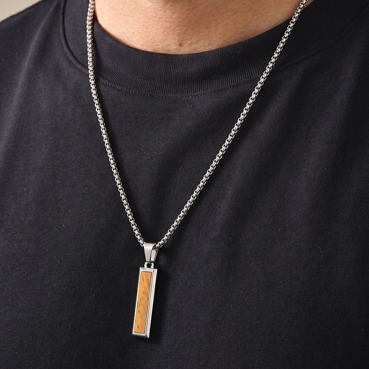 Kemstone Geometric Bar Pendant Necklace for Men Stainless Steel Tiger Eye & Turquoise Styles PN-2221