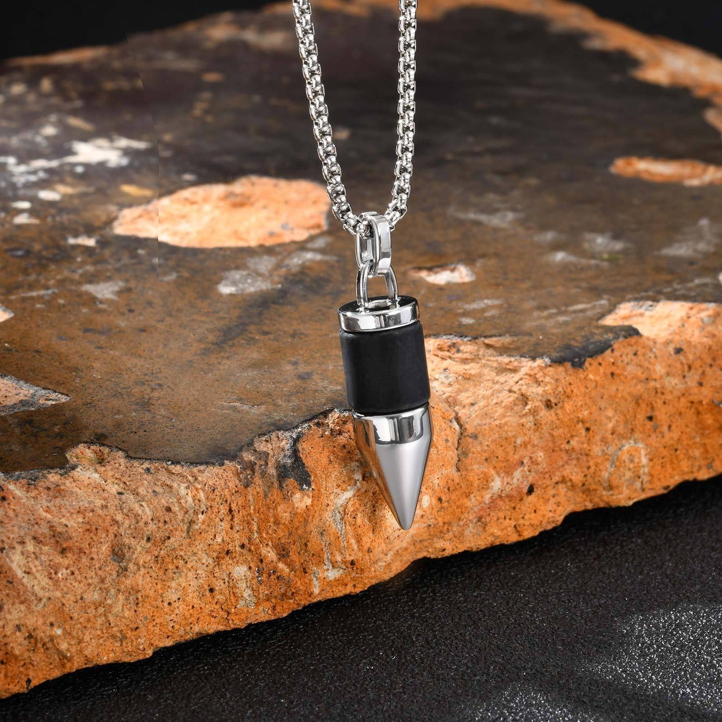 Kemstone Stainless Steel Cylinder Pendant Necklace – Stone Inlay Style for Men PN-2228
