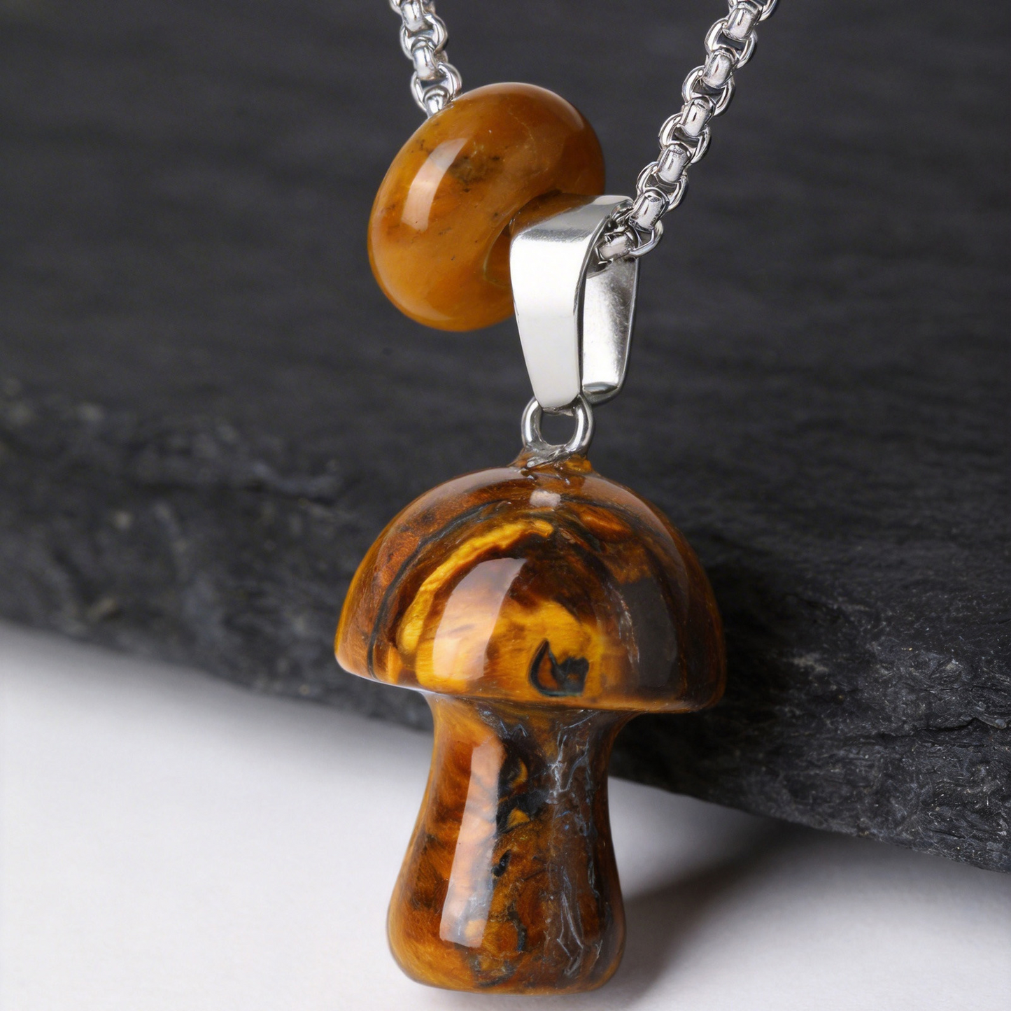Kemstone Mushroom Pendant Necklace Natural Stone Stainless Steel for Men Women Aventurine Tiger Eye Obsidian NC2875