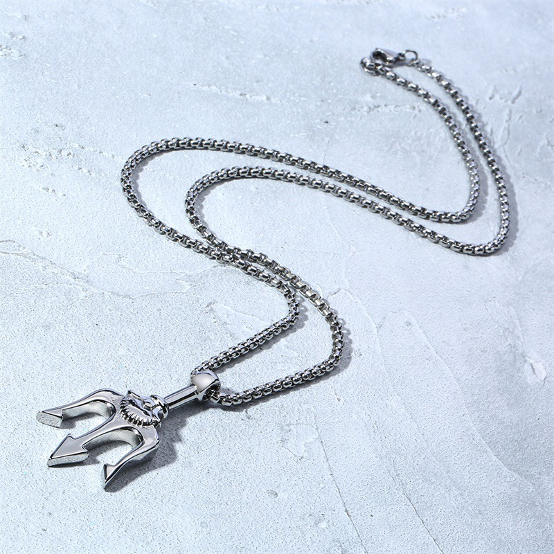 Kemstone Trident Pendant Necklace for Men Stainless Steel Vertical Symbol Gold Silver Black PN-1176