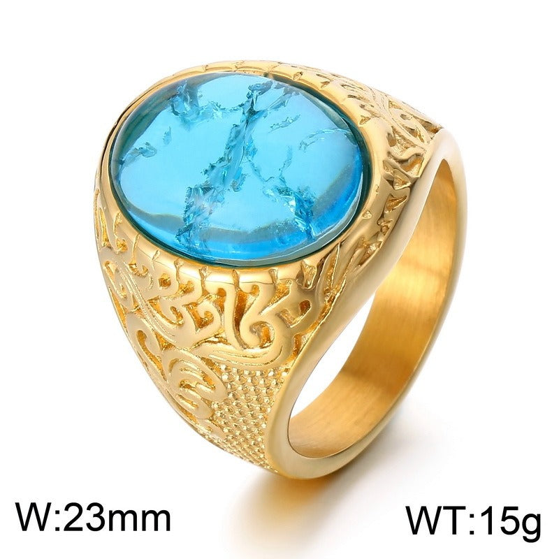 Kemstone Viking Rune Ring – Cracked Stone Titanium Steel Band for Men, Norse Mythology Gothic Style KR110138