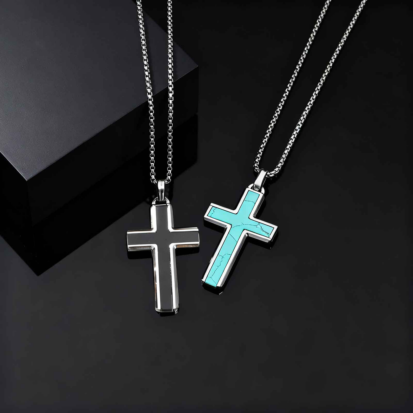 Kemstone Stainless Steel Cross Pendant Necklace – Tiger Eye & Turquoise Inlay for Men PN-2224
