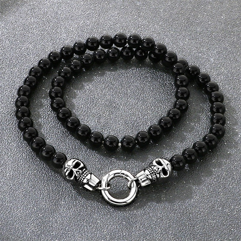 Kemstone Black Onyx Skull Bead Bracelet & Necklace – Titanium Steel with Cubic Zirconia Detail for Men B81841-BD