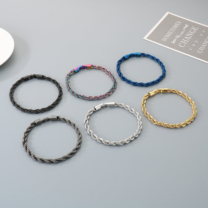 Kemstone Titanium Steel Rope Chain Bracelet & Necklace for Men – Hip Hop Twisted Link, 6 Colors KN299096-KFC