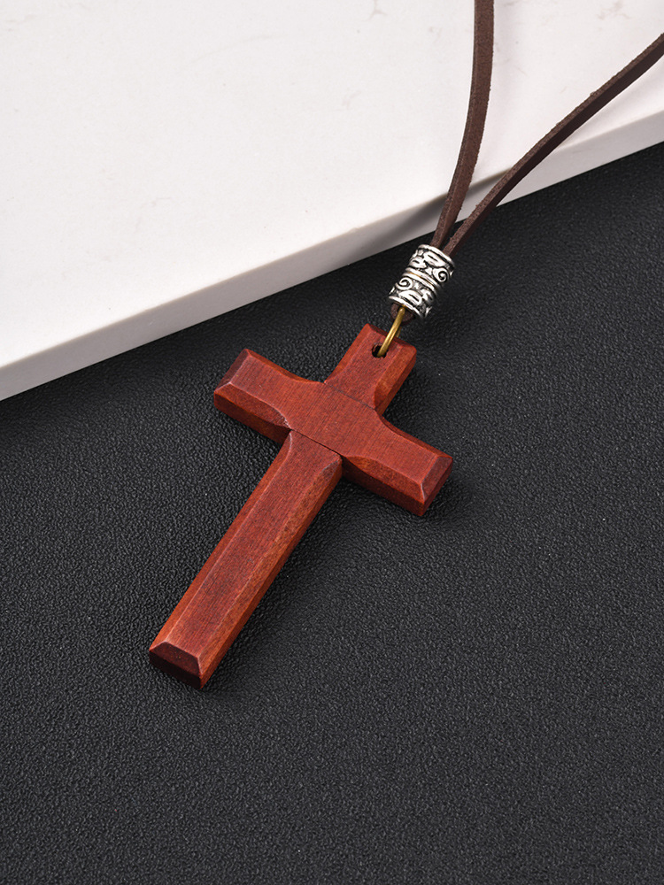 Kemston Wooden Cross Pendant Necklace for Men Adjustable Cord PN-1278