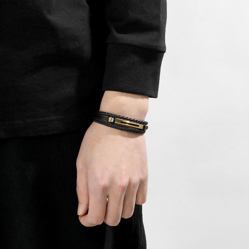 Kemstone Layered Braided Black Leather Bracelet for Men Titanium Steel Accent KB180741-JR