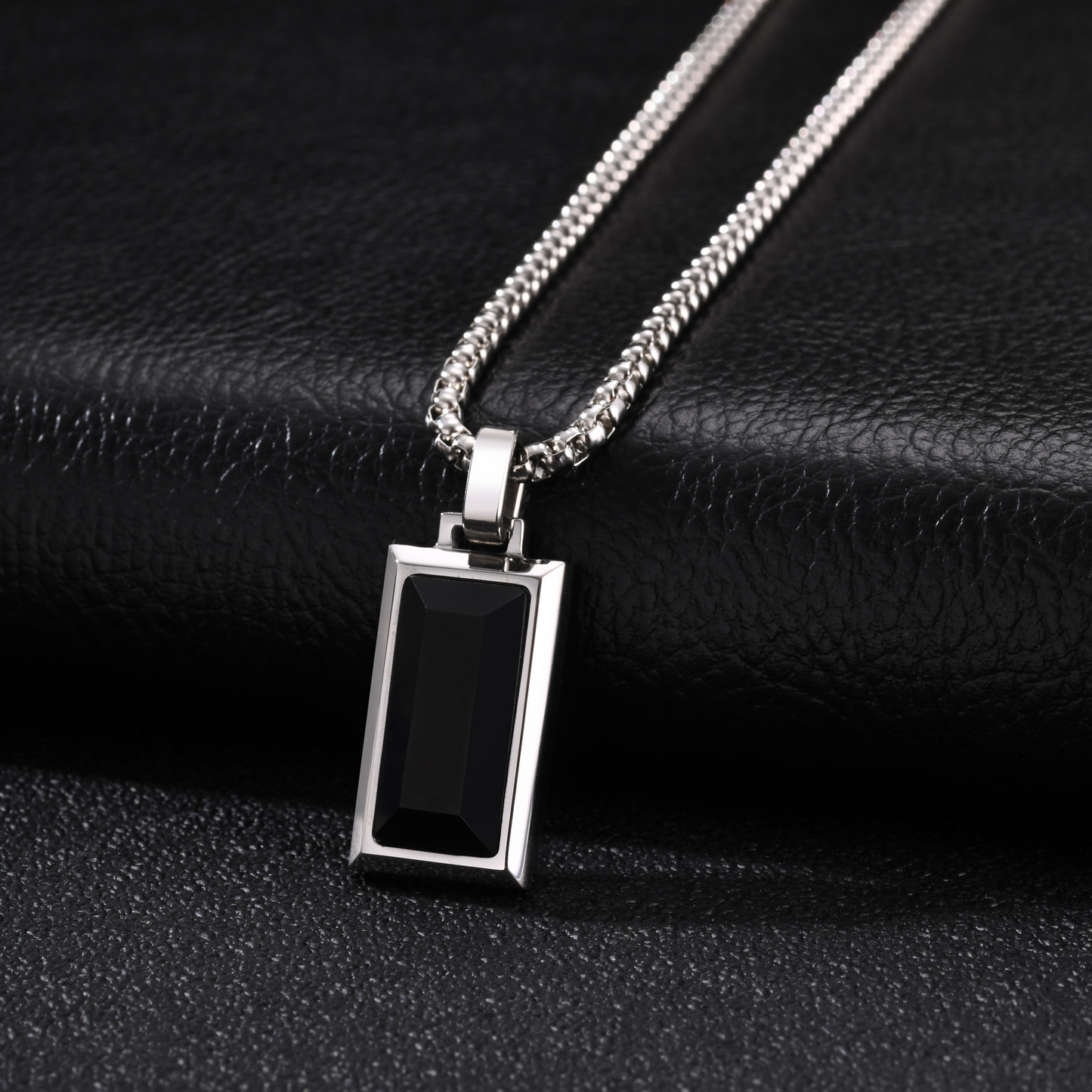 Kemston Rectangular Black Agate Pendant Necklace for Men Stainless Steel Vintage PN2379