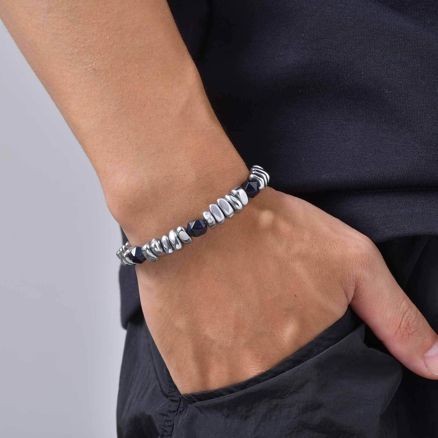 Kemston Stone Bead Bracelet for Men Stainless Steel Layered Design BR-2935