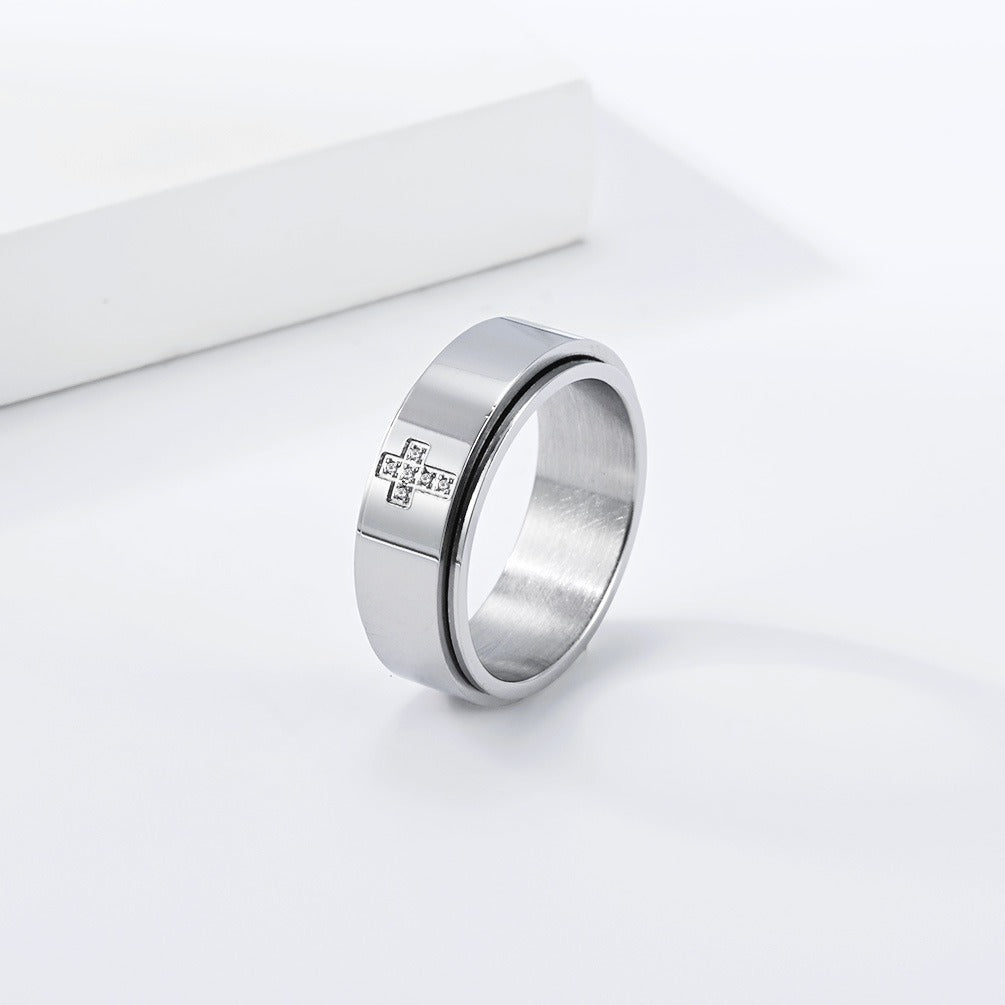 Kemston Rotating Cross Ring for Men & Women Stainless Steel Small Stone Detail K-R1220