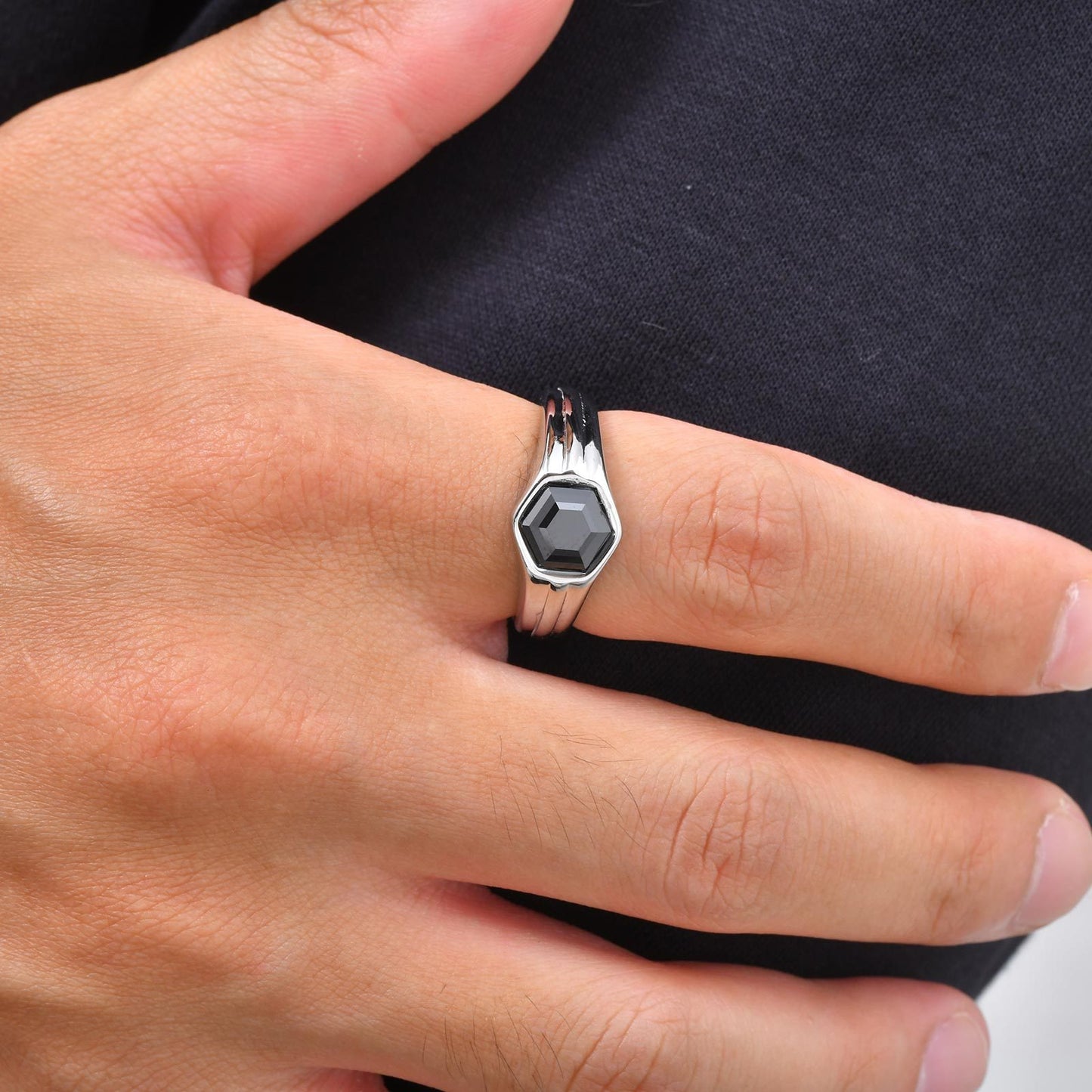 Kemstone Stainless Steel Hexagon Black Zircon Ring for Men RC-985