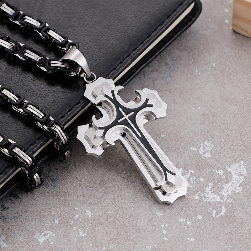 Kemstone Triple-Layer Gothic Cross Pendant Necklace – Stainless Steel Byzantine Chain KP78915