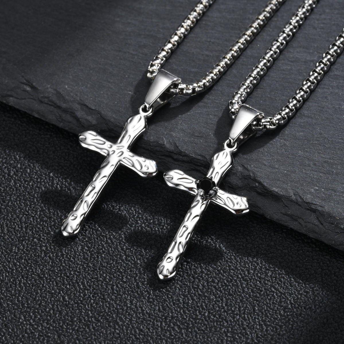 Kemstone Stainless Steel Hammered Cross Necklace for Men Cubic Zirconia Center PN-247