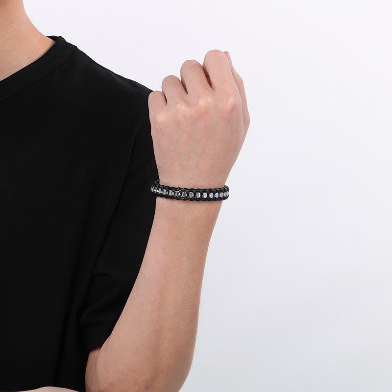 Kemstone Titanium Steel Braided Leather Strap Bracelet for Men Hip Hop Streetwear KB179967-YA