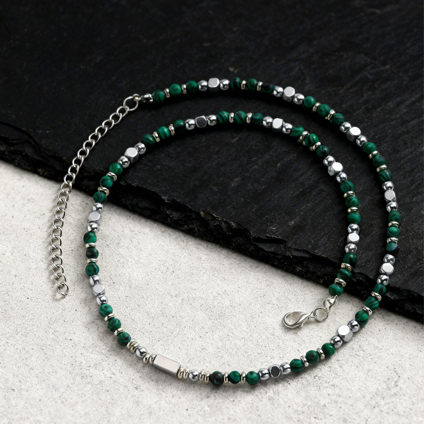 Kemstone Beaded Necklace Stainless Steel Bar Mixed Stone Malachite Turquoise for Men NC-2811