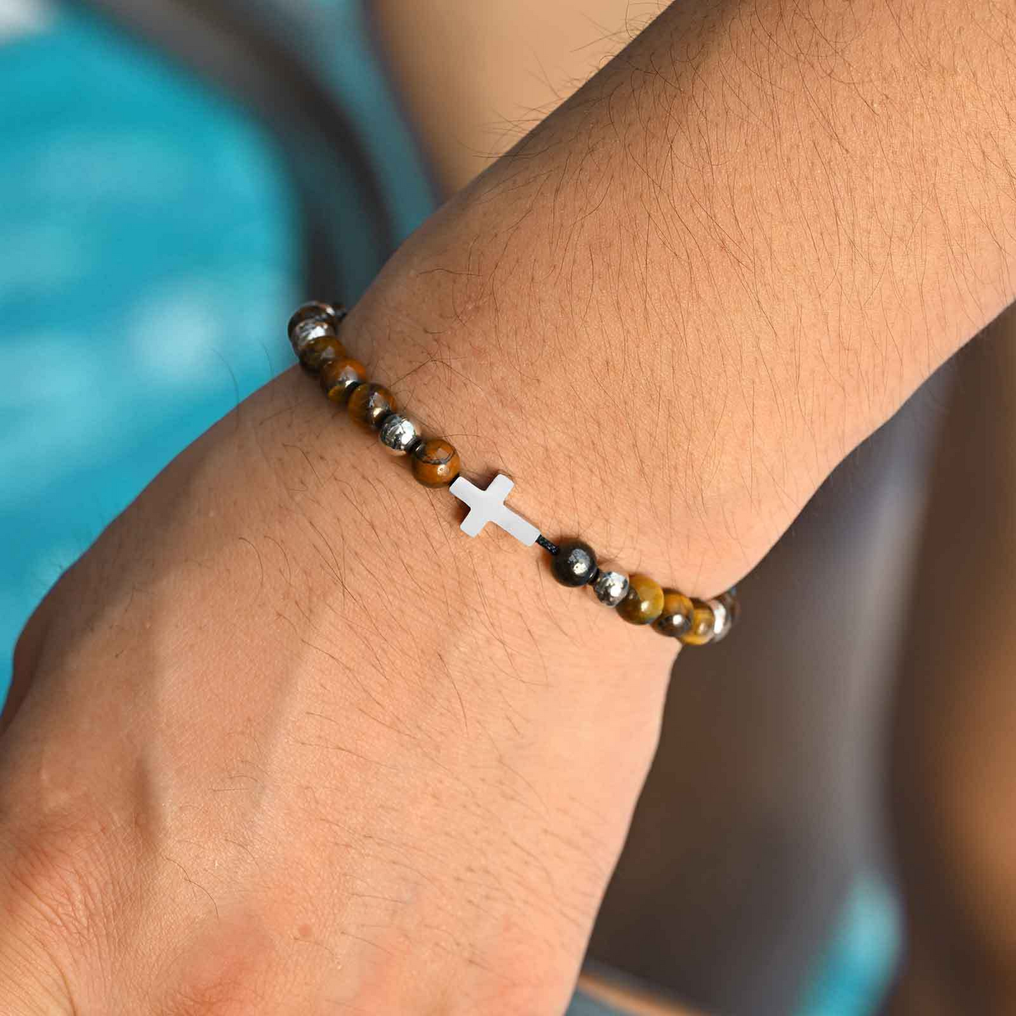 Kemstone Stainless Steel Engraved Coin Beaded Bracelet for Men – Natural Stone Adjustable BR-2354