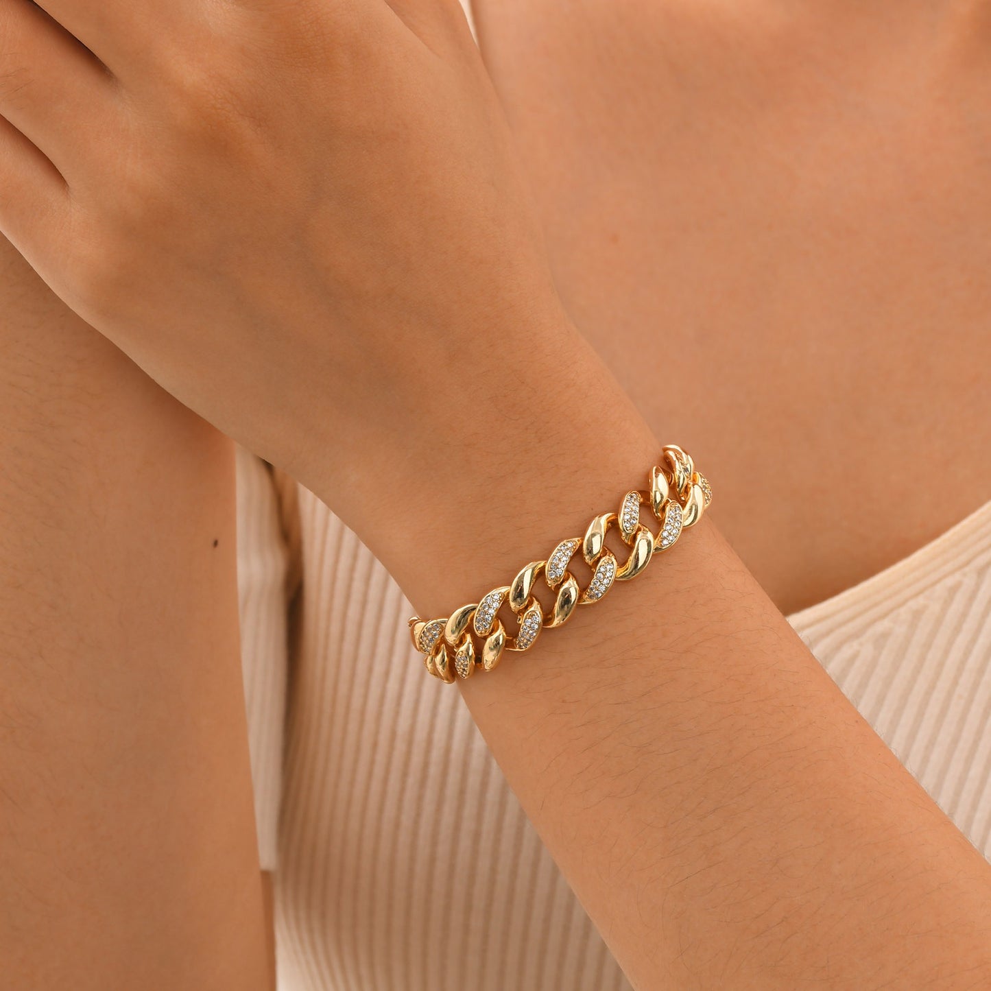 Pulsera de tenis con circonitas doradas para mujer - Elegante pulsera de cristal PBR-129