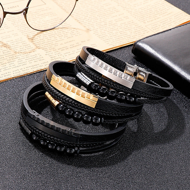 Kemstone Multi-Layer Braided Leather Bracelet for Men Beaded Titanium Steel KB147788-KLHQ