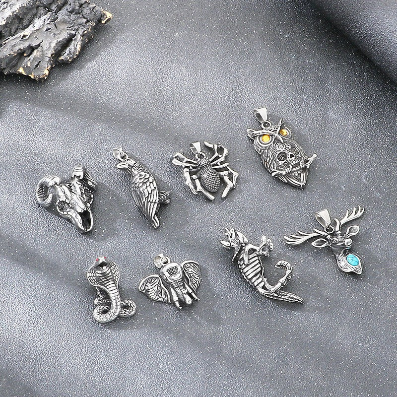 Kemstone Pendant Necklace for Men Titanium Steel Gothic Animal Pendant Snake Spider Skull Silver KP117040-LU