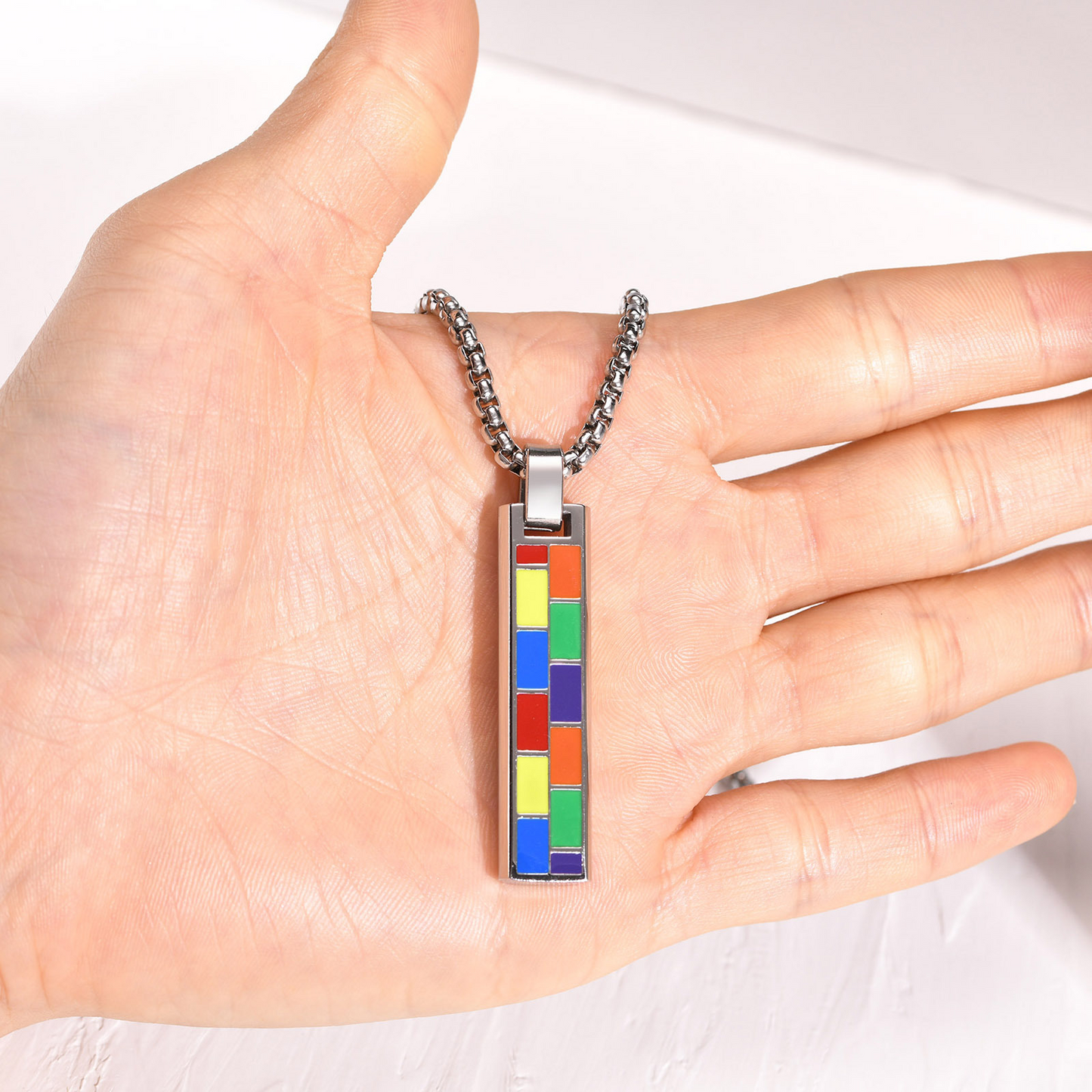 Kemstone Color Block Bar Pendant Necklace Stainless Steel Rectangle Design for Men PPN-004