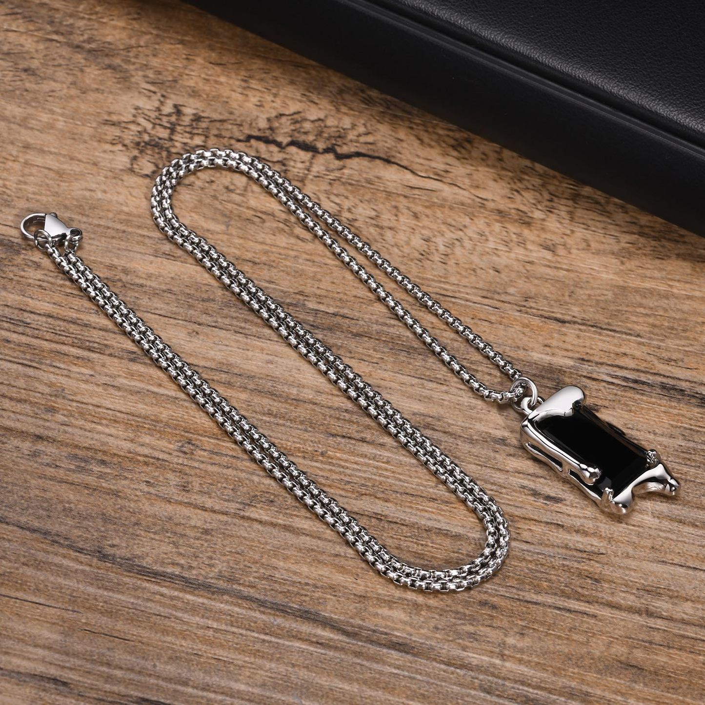 Kemstone Men’s Silver Geometric Pendant Necklace with Black Enamel PNB-192