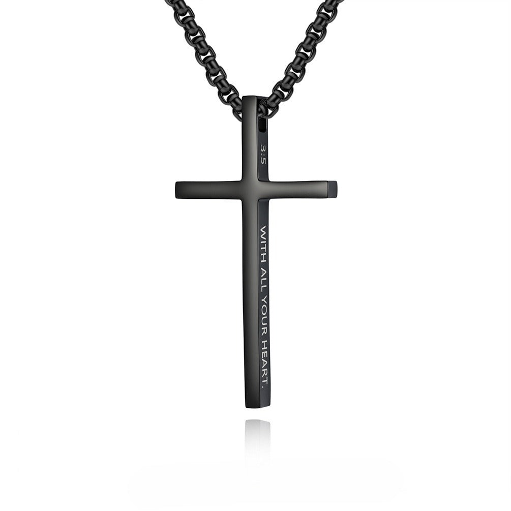 Kemstone Stainless Steel Engraved Cross Pendant Necklace for Men Minimalist Bar Chain K-PT670