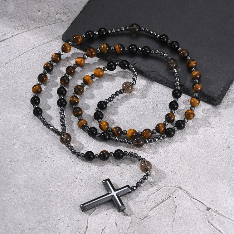 Kemstone Tiger Eye Beaded Cross Necklace for Men Lava Stone Stainless Steel Pendant NC-3017