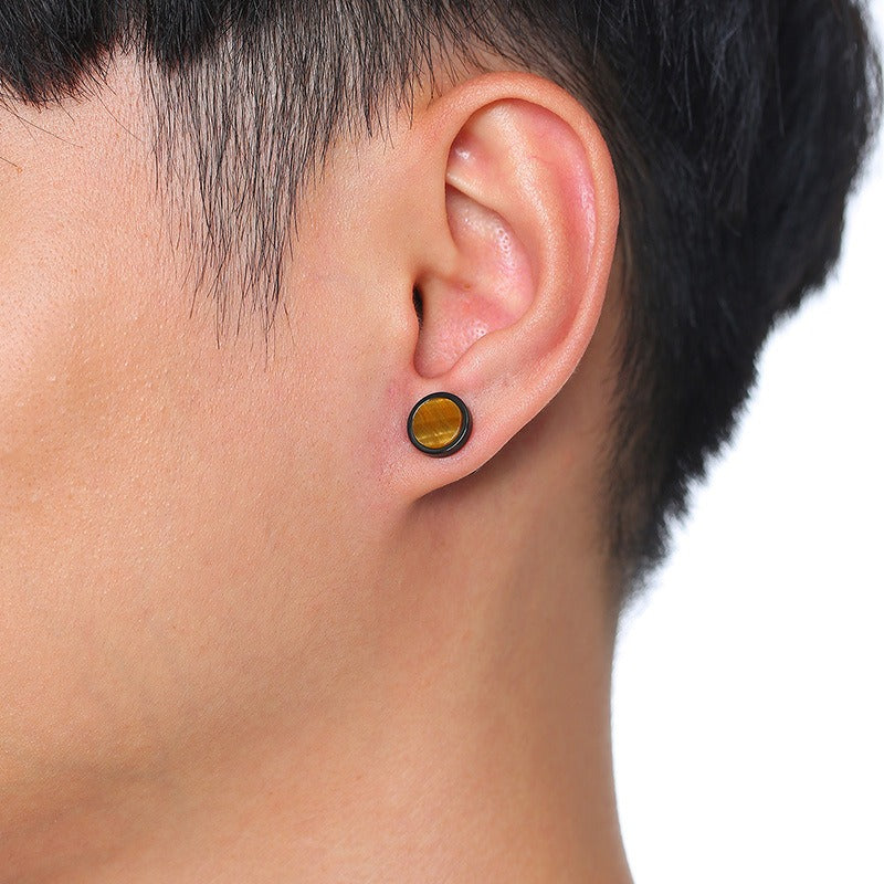 Kemstone Stud Earrings for Men Stainless Steel Round Stone Detail Black ES-302