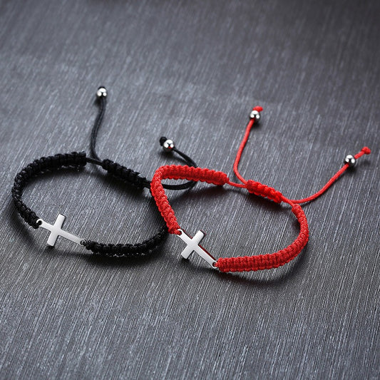 Kemstone Adjustable Ankh Cross Bracelet – Titanium Steel & Red Black Nylon Rope Men & Women BR525