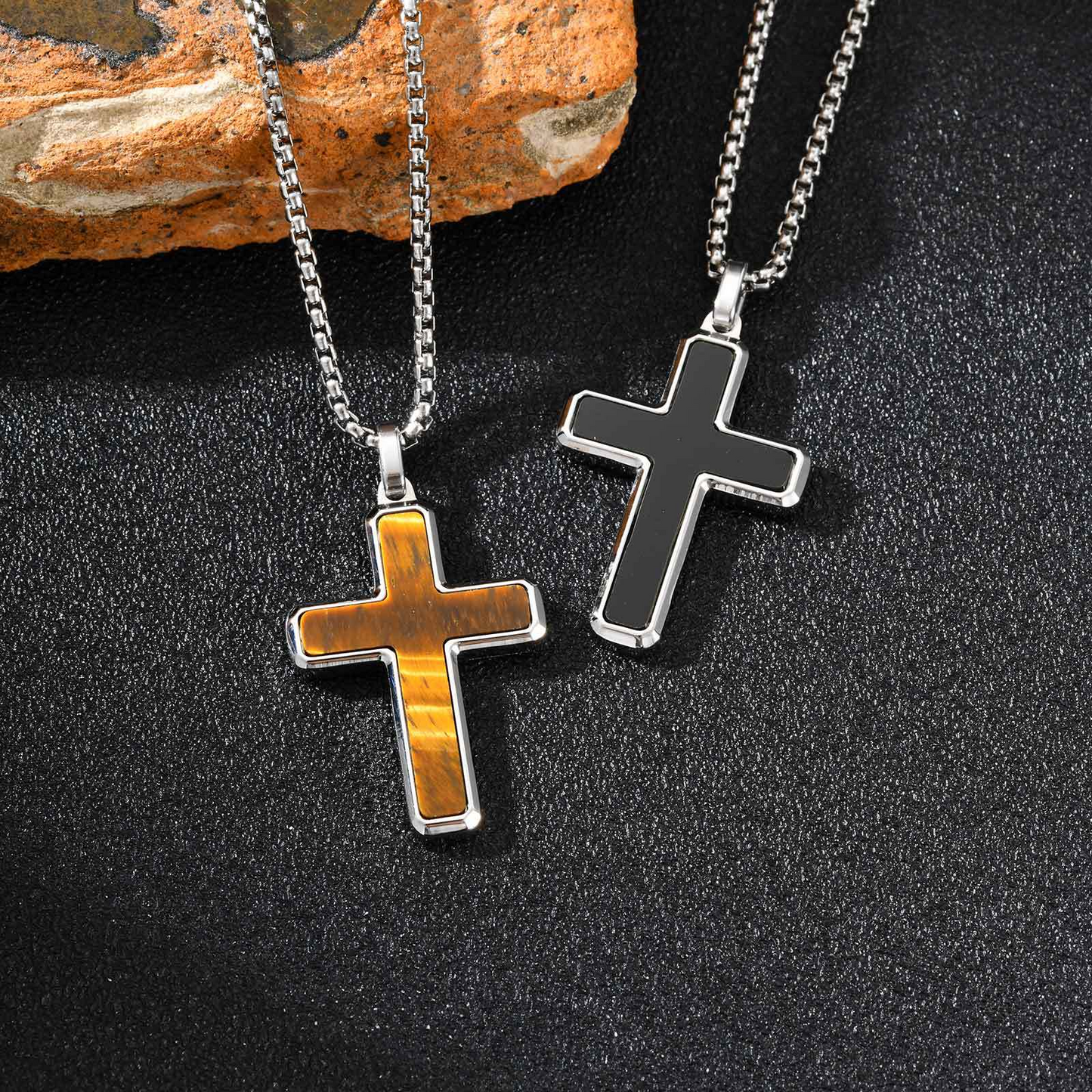 Kemstone Stainless Steel Cross Pendant Necklace – Tiger Eye & Turquoise Inlay for Men PN-2224