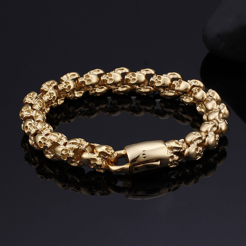 Kemstone Men’s Gold Skull Chain Bracelet – Stainless Steel Gothic Biker Jewelry KB81843-BD