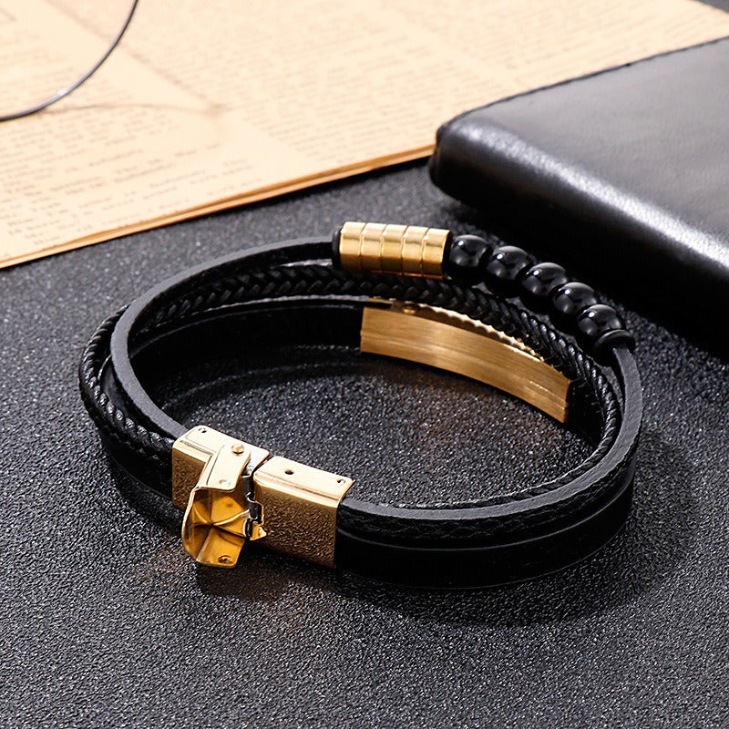Kemstone Multi-Layer Braided Leather Bracelet for Men Beaded Titanium Steel KB147788-KLHQ