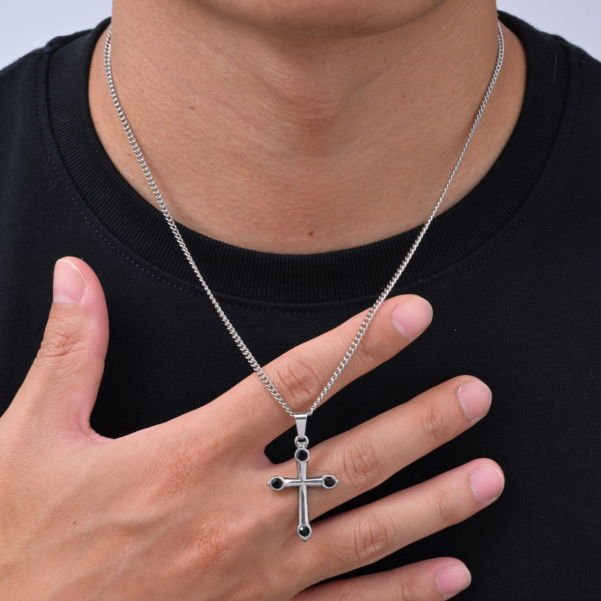 Kemstone Black Cubic Zirconia Cross Necklace for Men Stainless Steel PN-2488