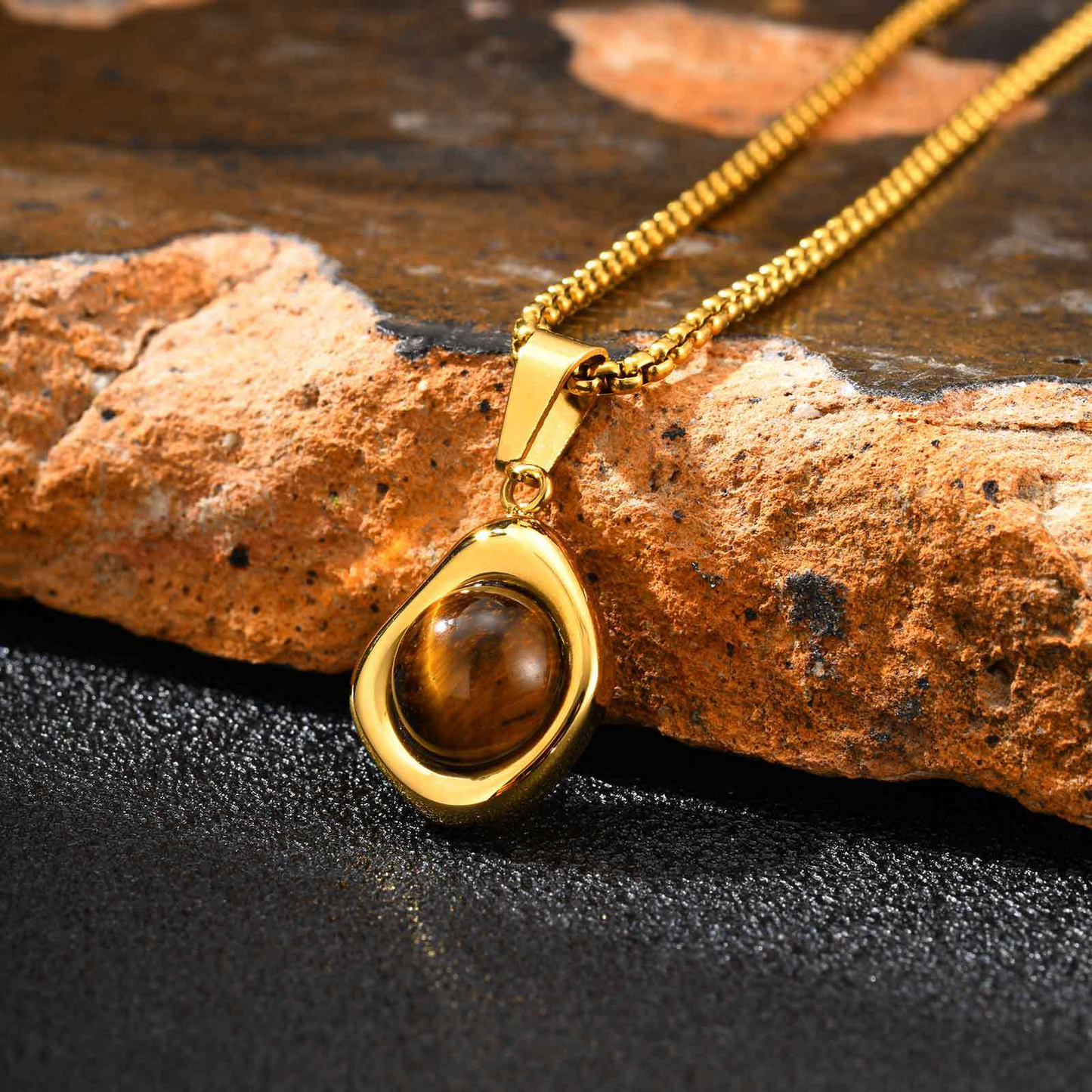 Kemstone Men’s Stainless Steel Necklace – Irregular Natural Stone Pendant Tiger Eye / Onyx / Turquoise PN-2189