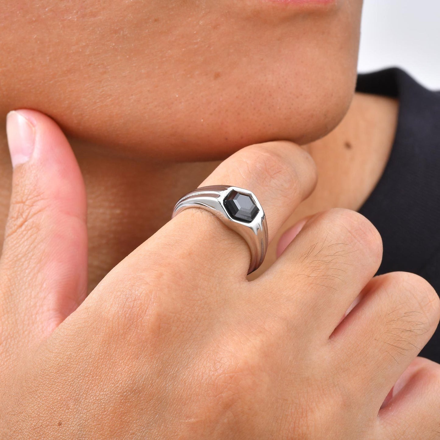 Kemstone Stainless Steel Hexagon Black Zircon Ring for Men RC-985
