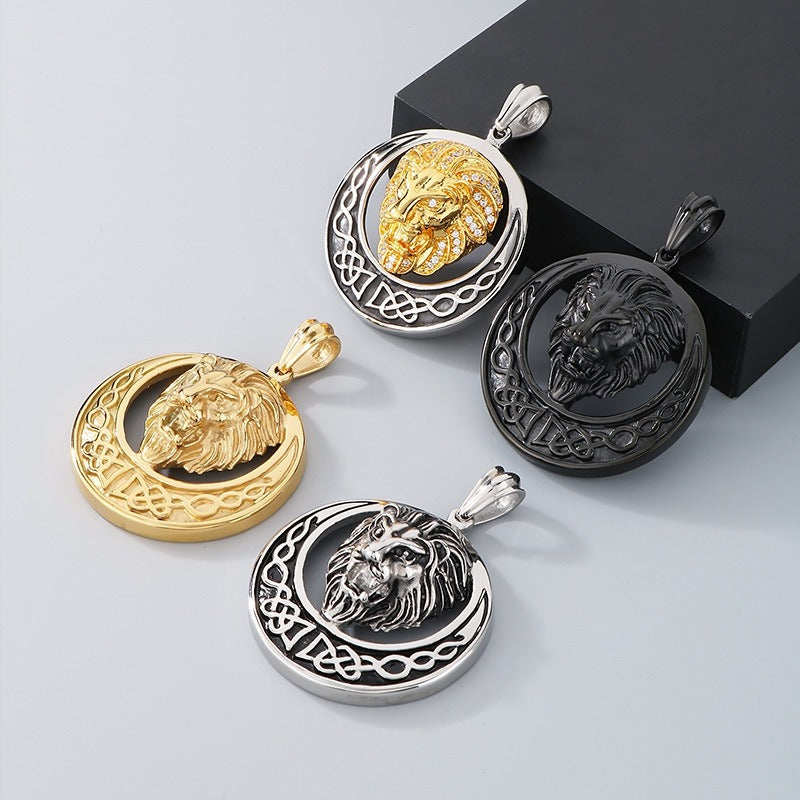 Kemstone Titanium Steel Lion Head Pendant Necklace for Men – Celtic Round Design KP33338-D