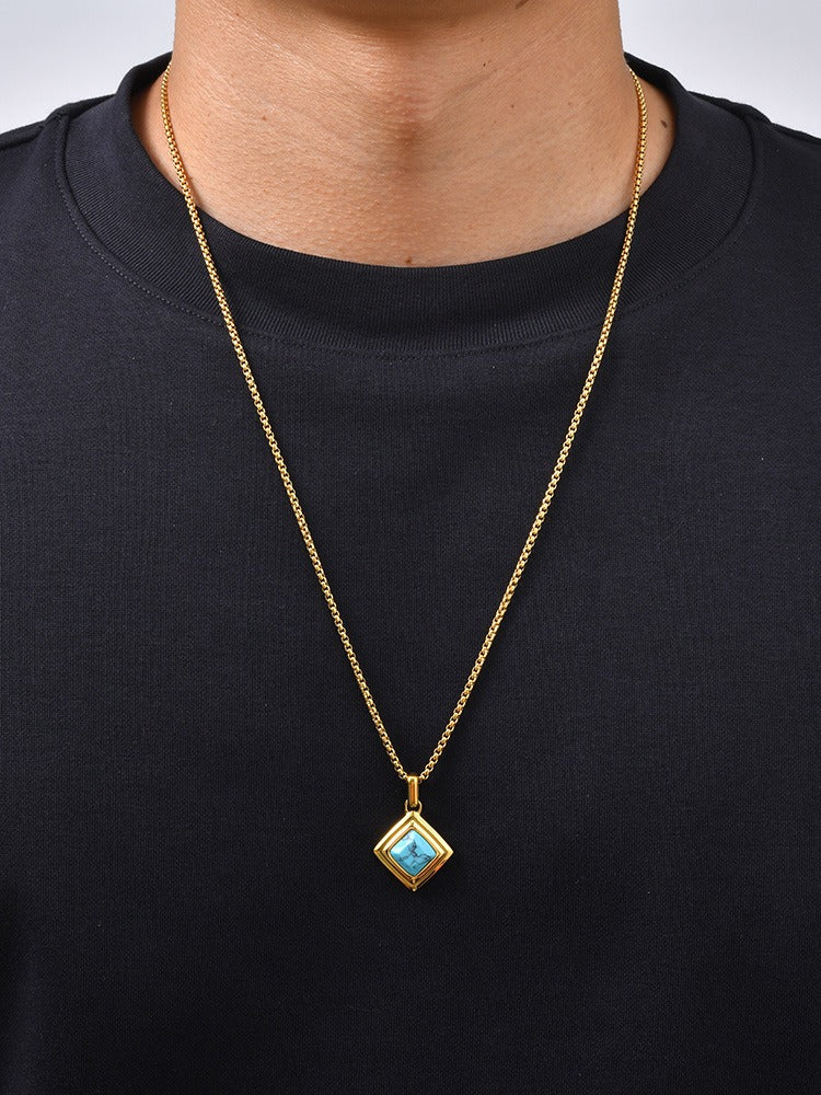 Kemston Tiger Eye Square Pendant Necklace for Men Stainless Steel Geometric Stone Design PN-2436