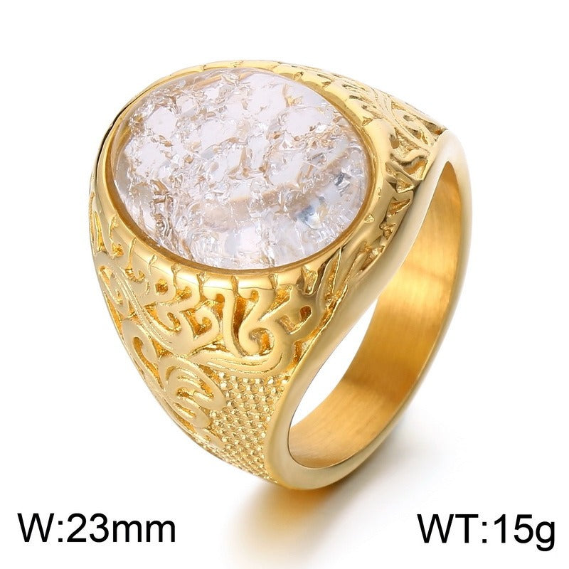 Kemstone Viking Rune Ring – Cracked Stone Titanium Steel Band for Men, Norse Mythology Gothic Style KR110138