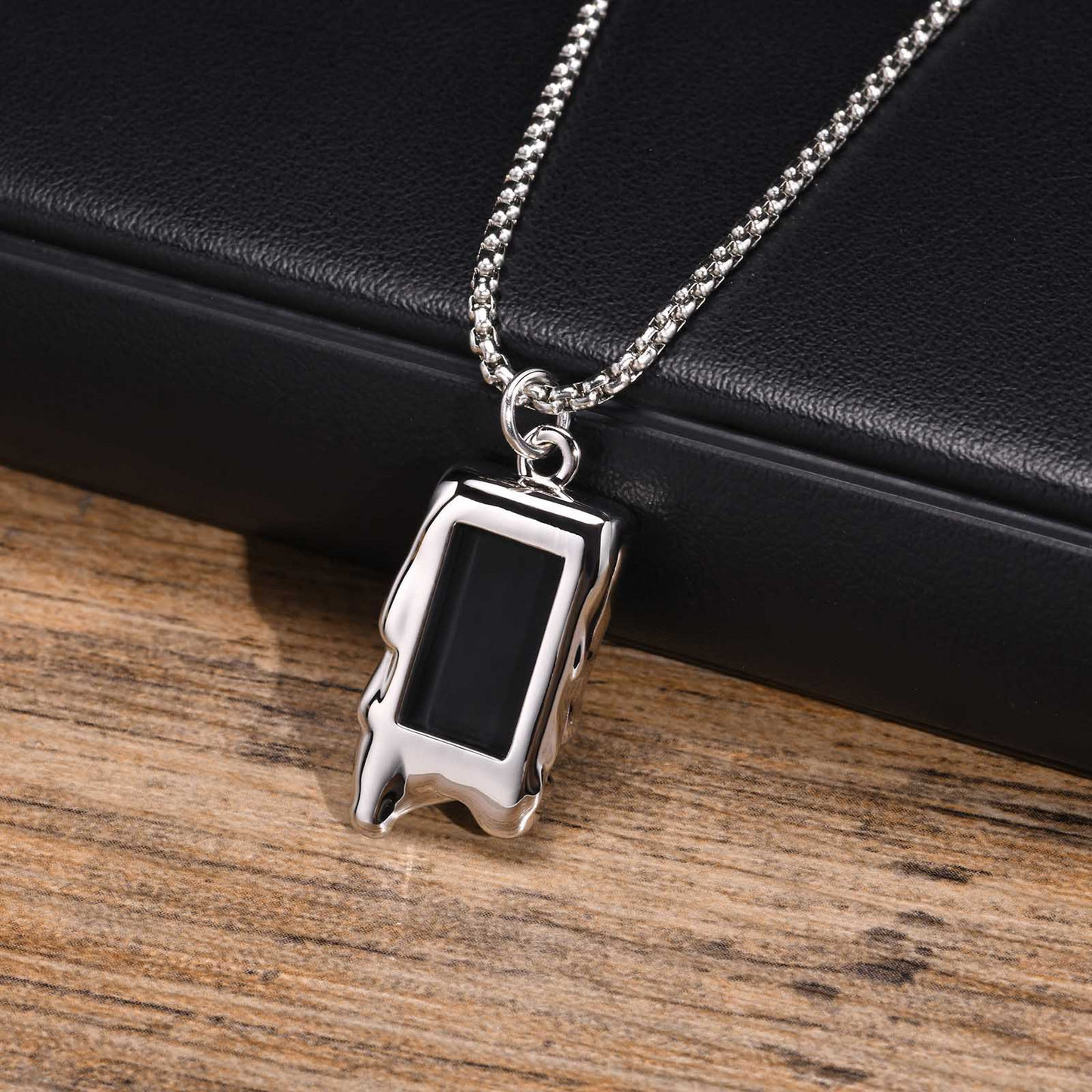 Kemstone Men’s Silver Geometric Pendant Necklace with Black Enamel PNB-192