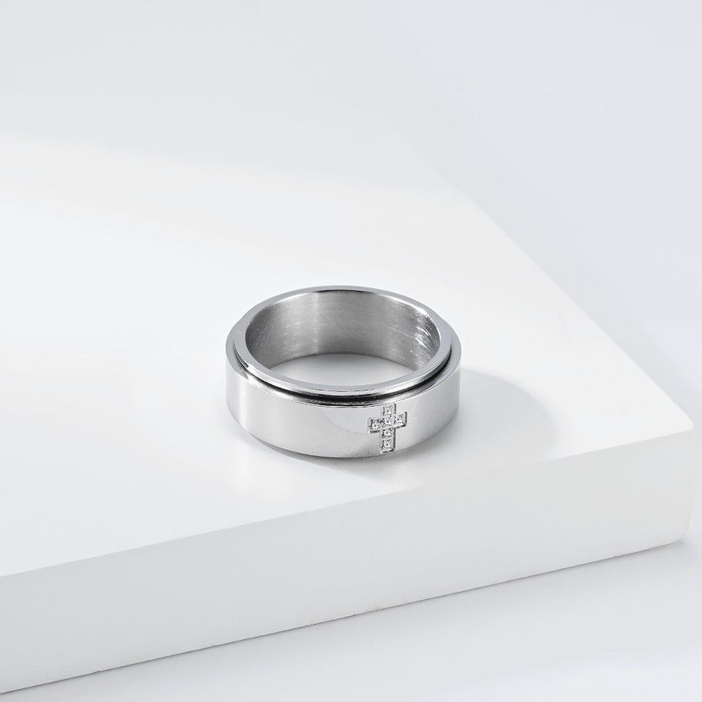 Kemston Rotating Cross Ring for Men & Women Stainless Steel Small Stone Detail K-R1220