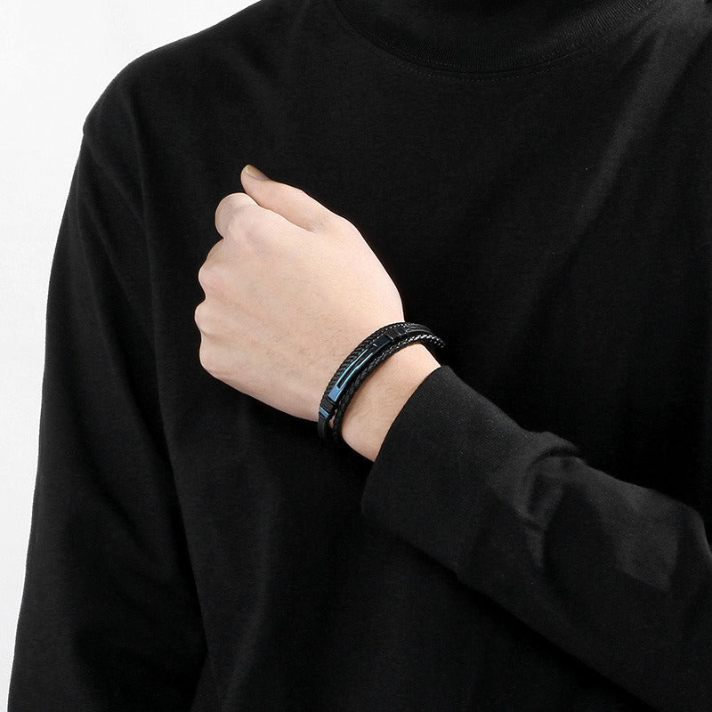 Kemstone Layered Braided Black Leather Bracelet for Men Titanium Steel Accent KB180741-JR