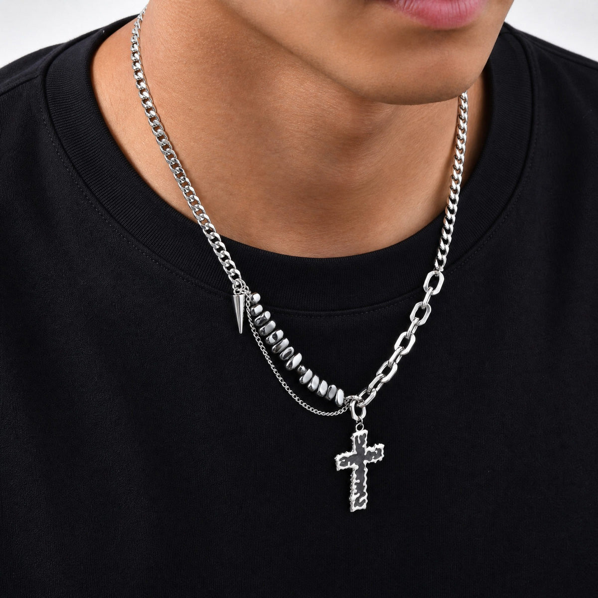 Kemstone Irregular Cross Necklace for Men Stainless Steel NC-3268