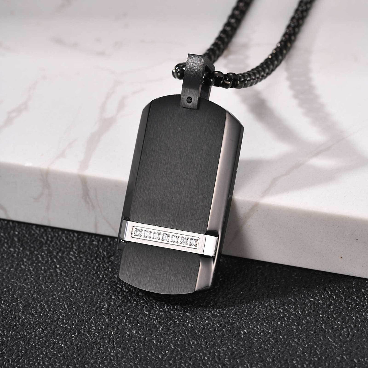Kemstone Black Rectangular Pendant Necklace for Men Stainless Steel Cubic Zirconia Detail Punk Style PN-240