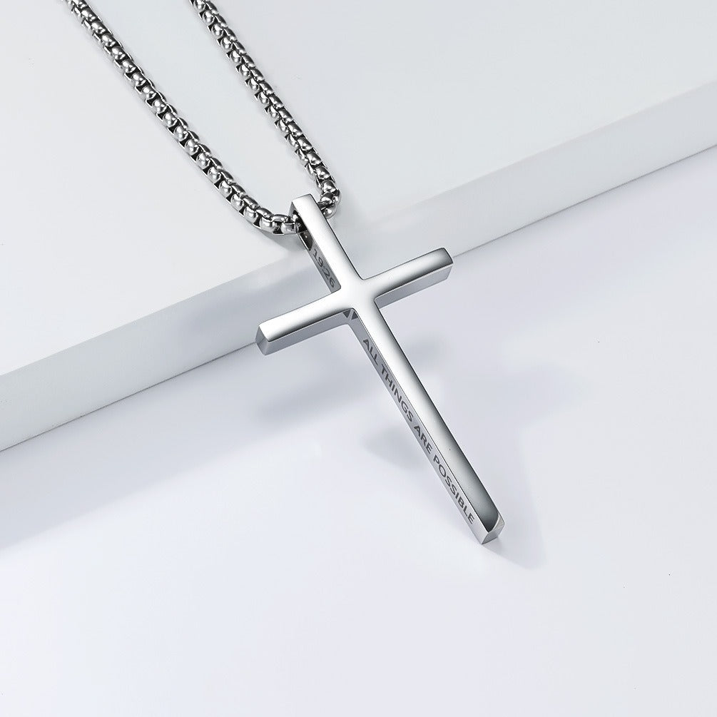Kemstone Stainless Steel Engraved Cross Pendant Necklace for Men Minimalist Bar Chain K-PT670