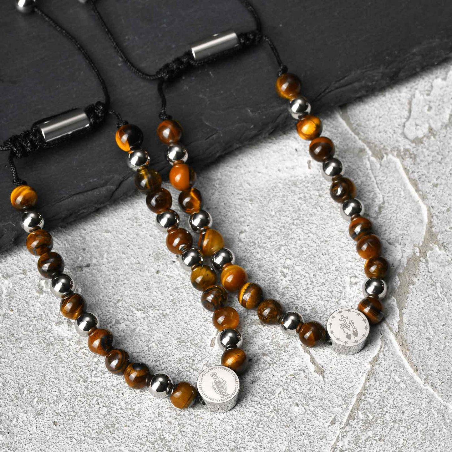 Kemstone Stainless Steel Engraved Coin Beaded Bracelet for Men – Natural Stone Adjustable BR-2354