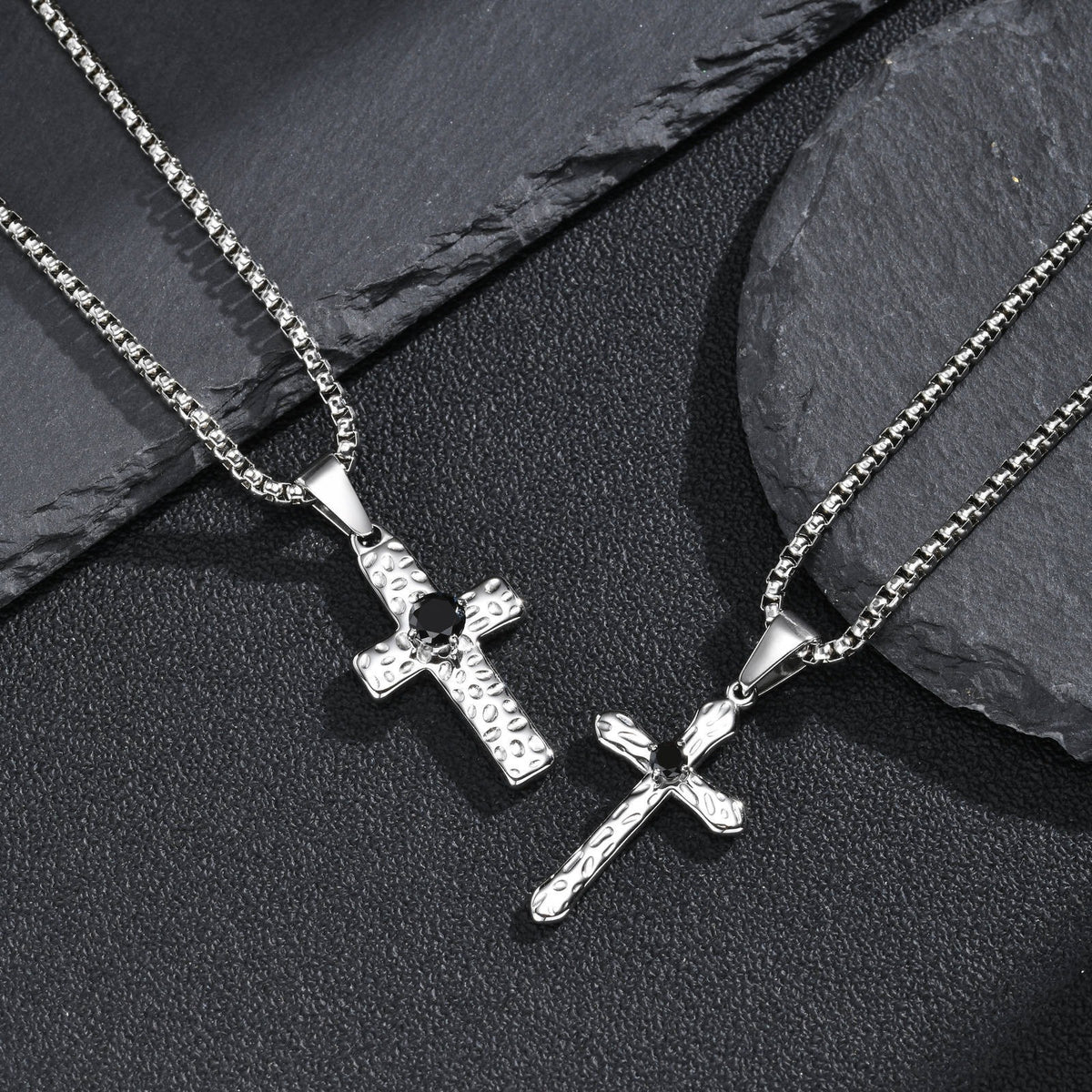 Kemstone Stainless Steel Hammered Cross Necklace for Men Cubic Zirconia Center PN-247