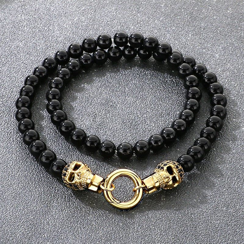 Kemstone Black Onyx Skull Bead Bracelet & Necklace – Titanium Steel with Cubic Zirconia Detail for Men B81841-BD
