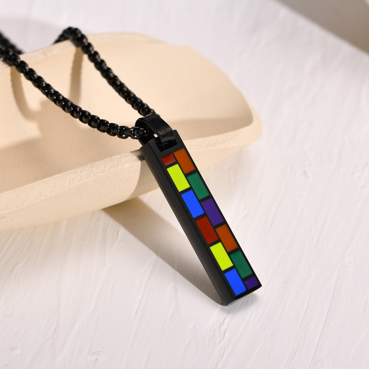 Kemstone Color Block Bar Pendant Necklace Stainless Steel Rectangle Design for Men PPN-004