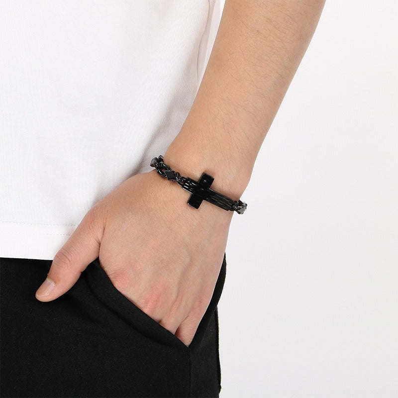 Kemstone Cross Bracelet for Men Titanium Steel Hammered Texture Gold Silver Black KB211655-KFC