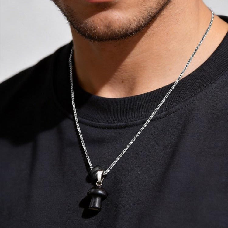 Kemstone Mushroom Pendant Necklace Natural Stone Stainless Steel for Men Women Aventurine Tiger Eye Obsidian NC2875