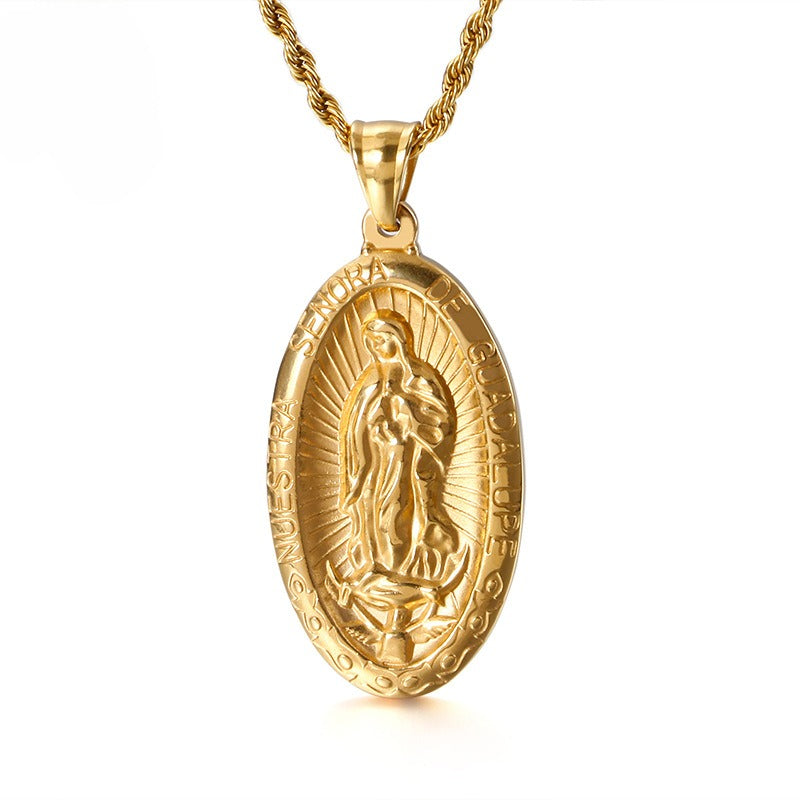 Kemstone Gothic Madonna Coin Pendant – Matte Alloy Necklace for Men with Vintage Religious Edge KP80836-Z